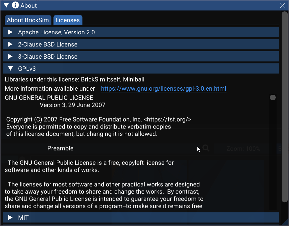Screenshot of window in BrickSim where all licenses are displayed