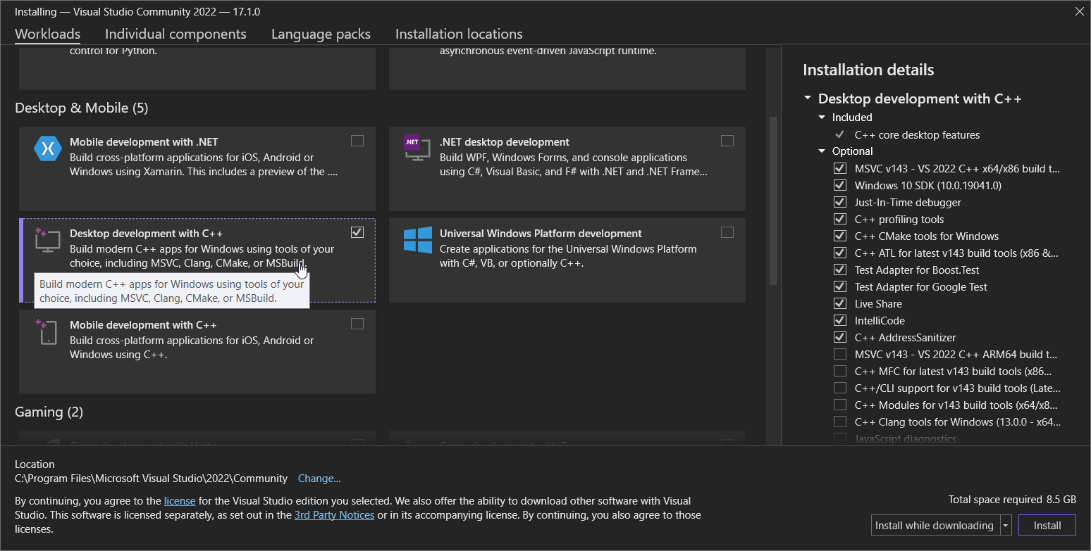 VS 2022 install C++ workload