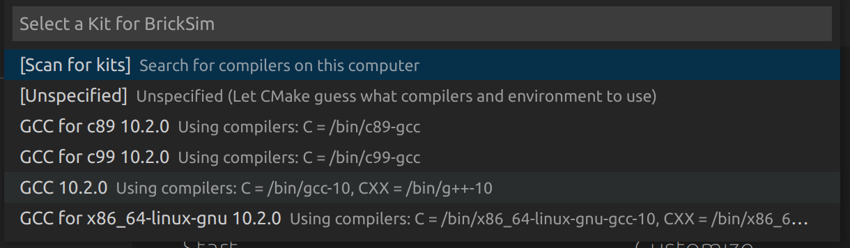 select cmake kit prompt in VS Code on linux