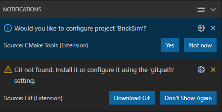 screenshot of VS Code notifications after opening the project the first time