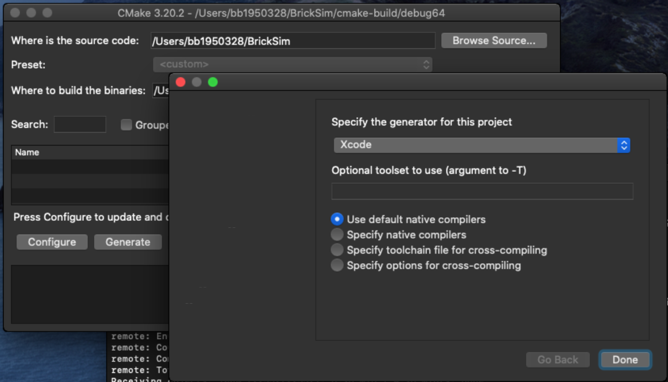 configure CMake Project for Xcode using CMake GUI